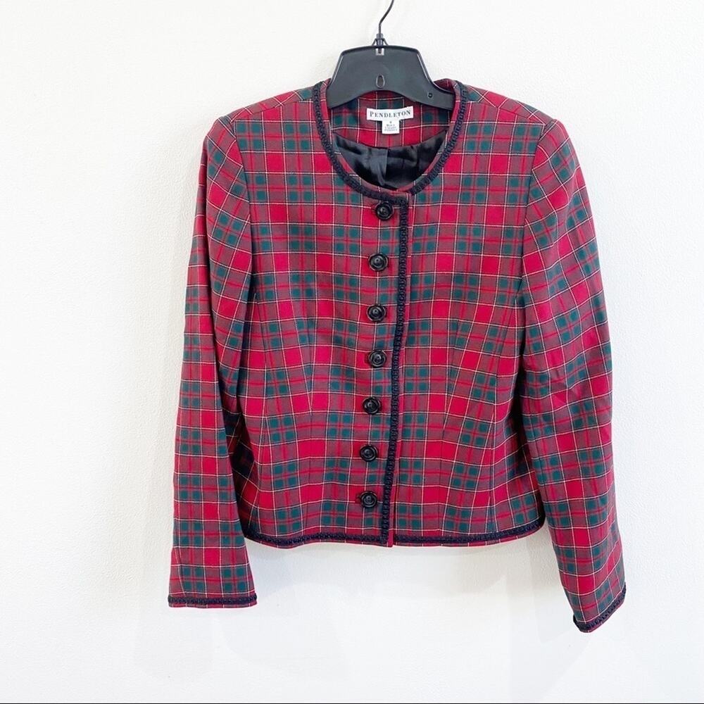 Pendleton Vintage Red Plaid Virgin Wool Collarless Blazer Jacket Size 8